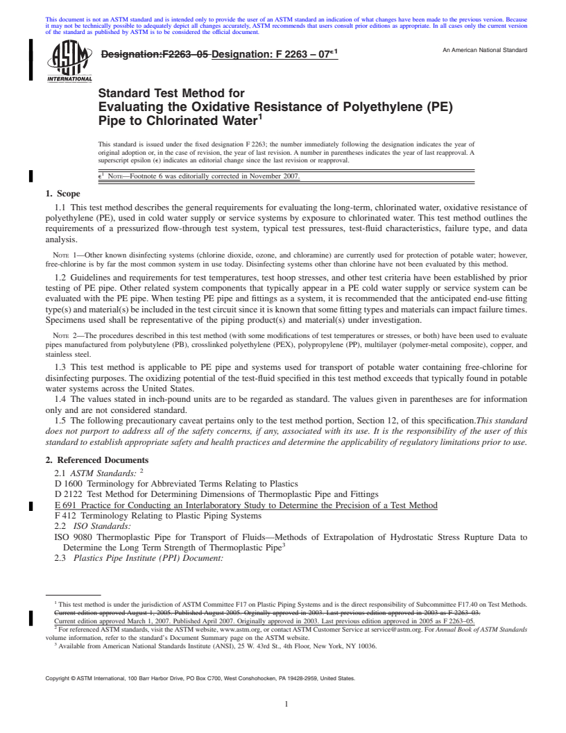 REDLINE ASTM F2263-07e1 - Standard Test Method for Evaluating the Oxidative Resistance of Polyethylene (PE) Pipe to Chlorinated Water