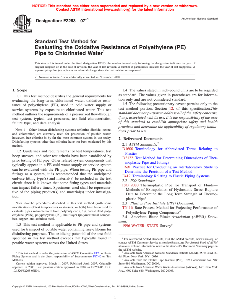 ASTM F2263-07e1 - Standard Test Method for Evaluating the Oxidative Resistance of Polyethylene (PE) Pipe to Chlorinated Water