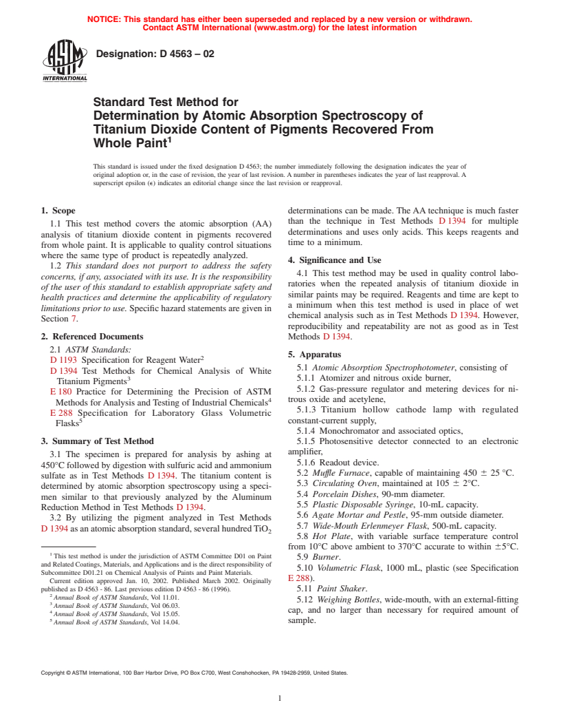 ASTM D4563-02 - Standard Test Method for Determination by Atomic Absorption Spectroscopy of Titanium Dioxide Content of Pigments Recovered From Whole Paint