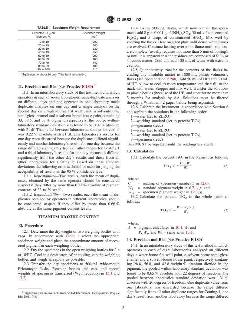 ASTM D4563-02 - Standard Test Method for Determination by Atomic Absorption Spectroscopy of Titanium Dioxide Content of Pigments Recovered From Whole Paint