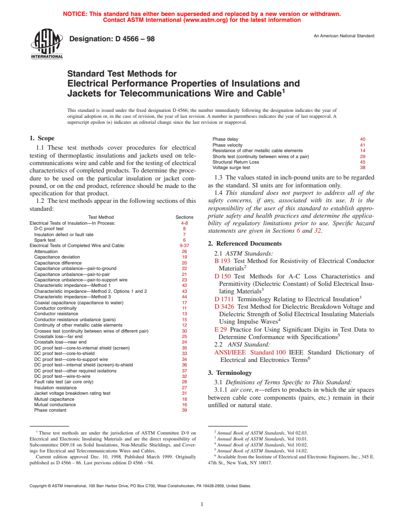 ASTM D4566-98 - Standard Test Methods for Electrical Performance Properties of Insulations and Jackets for Telecommunications Wire and Cable