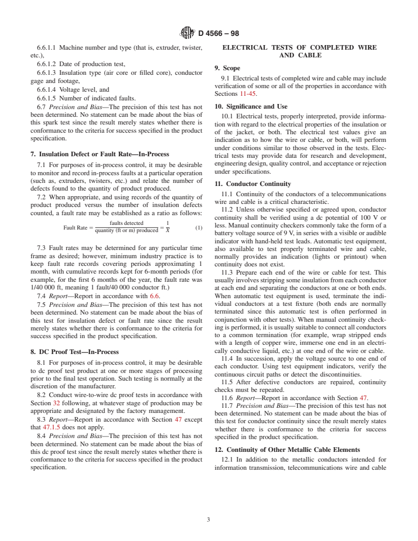 ASTM D4566-98 - Standard Test Methods for Electrical Performance Properties of Insulations and Jackets for Telecommunications Wire and Cable