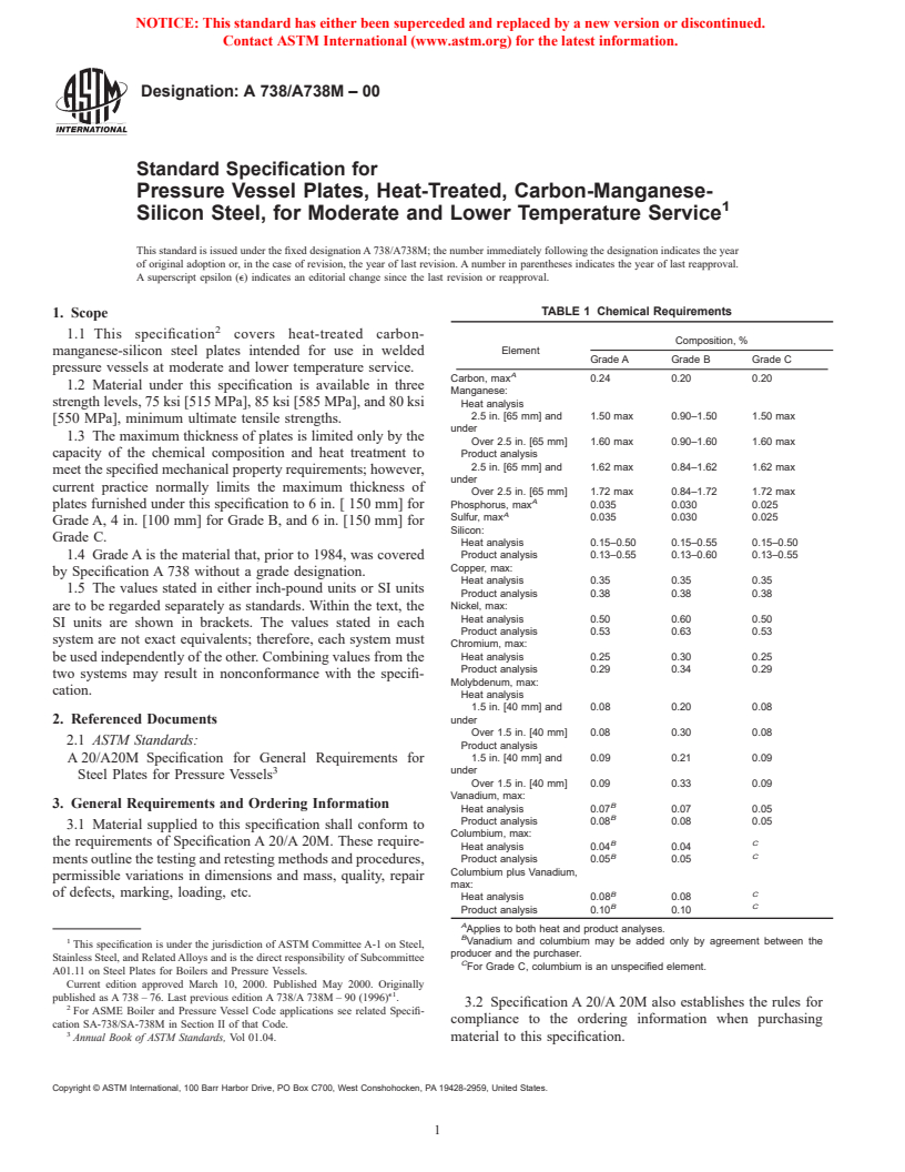 ASTM A738/A738M-00 - Standard Specification for Pressure Vessel Plates, Heat-Treated, Carbon-Manganese-Silicon Steel, for Moderate and Lower Temperature Service