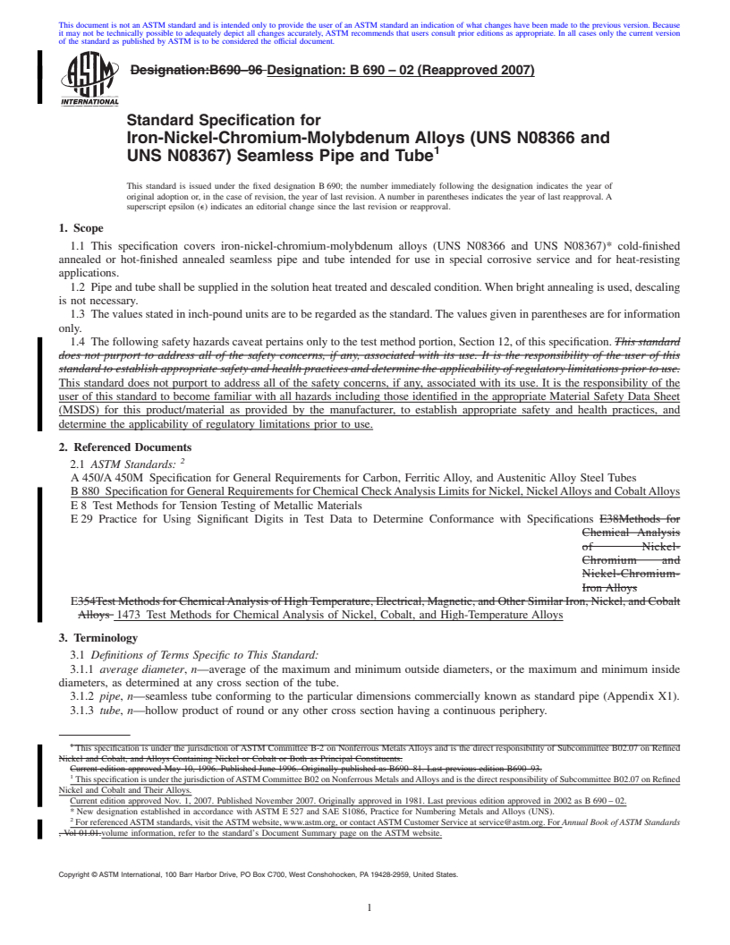 REDLINE ASTM B690-02(2007) - Standard Specification for Iron-Nickel-Chromium-Molybdenum Alloys (UNS N08366 and UNS N08367) Seamless Pipe and Tube