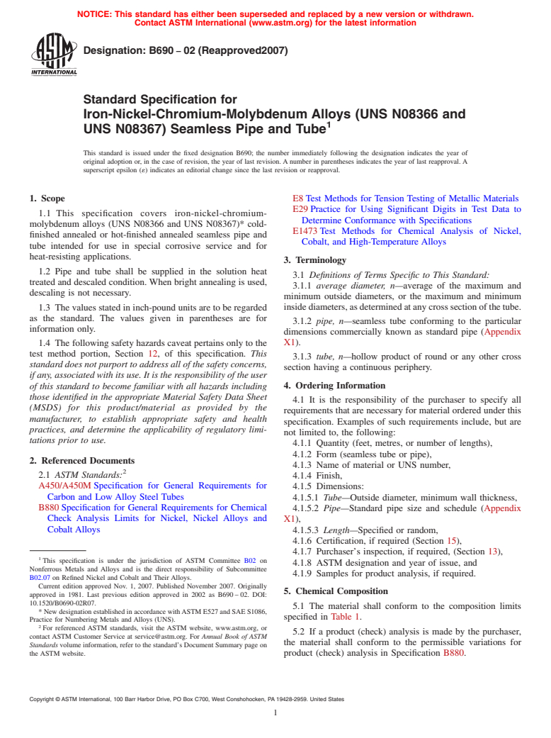 ASTM B690-02(2007) - Standard Specification for Iron-Nickel-Chromium-Molybdenum Alloys (UNS N08366 and UNS N08367) Seamless Pipe and Tube