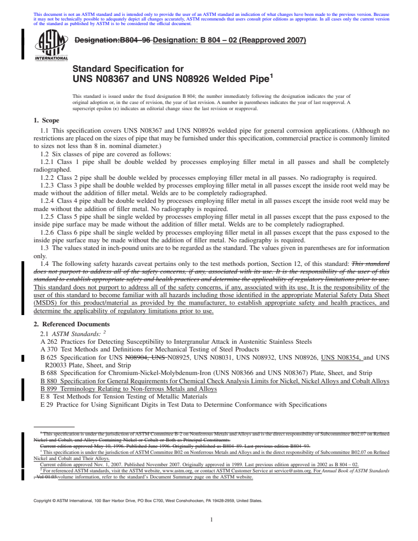 REDLINE ASTM B804-02(2007) - Standard Specification for UNS N08367 and UNS N08926 Welded Pipe