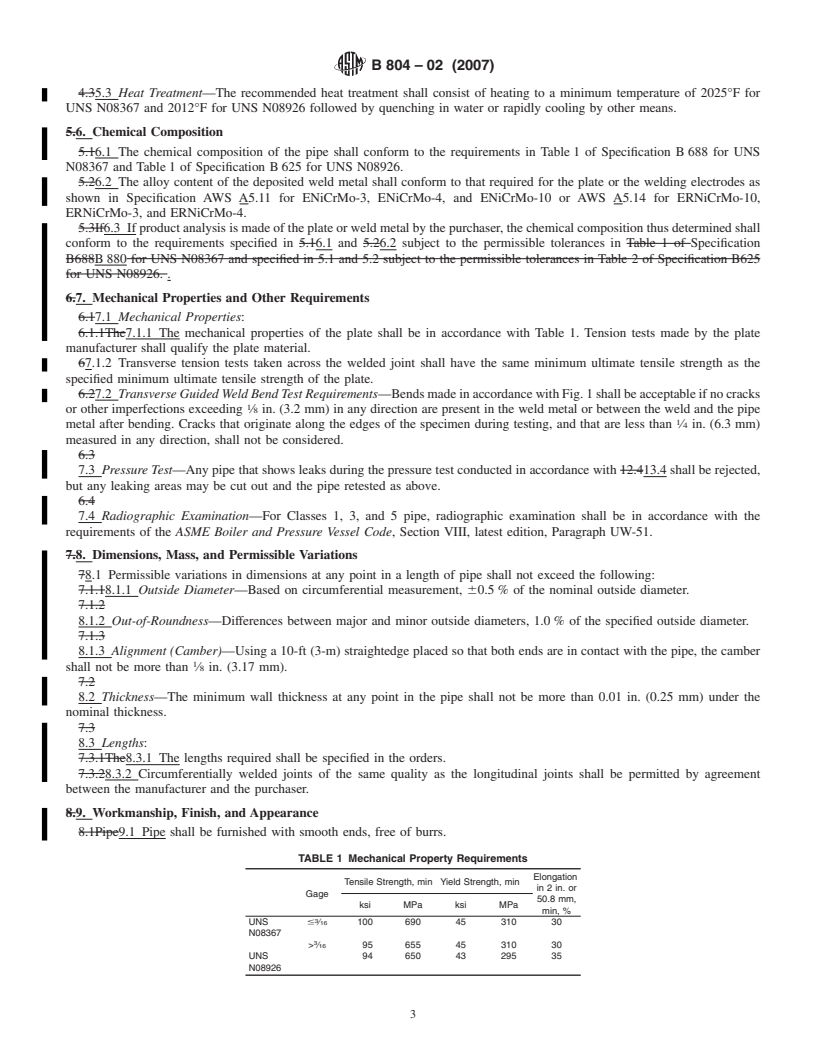 REDLINE ASTM B804-02(2007) - Standard Specification for UNS N08367 and UNS N08926 Welded Pipe