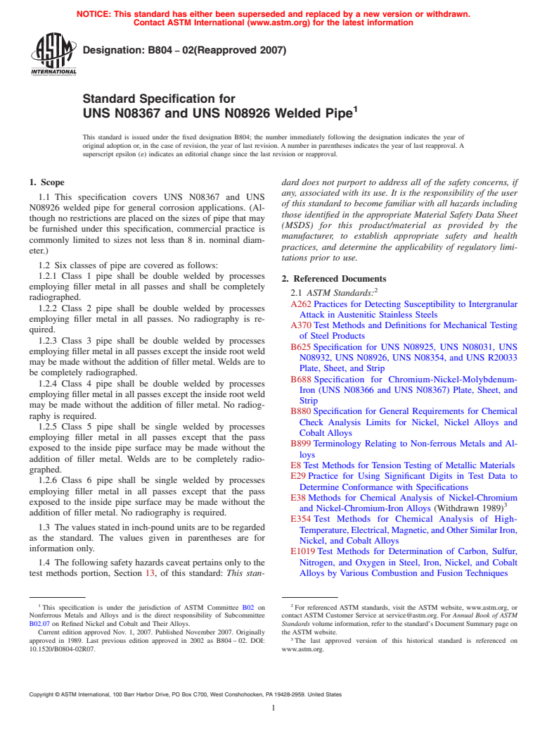 ASTM B804-02(2007) - Standard Specification for UNS N08367 and UNS N08926 Welded Pipe