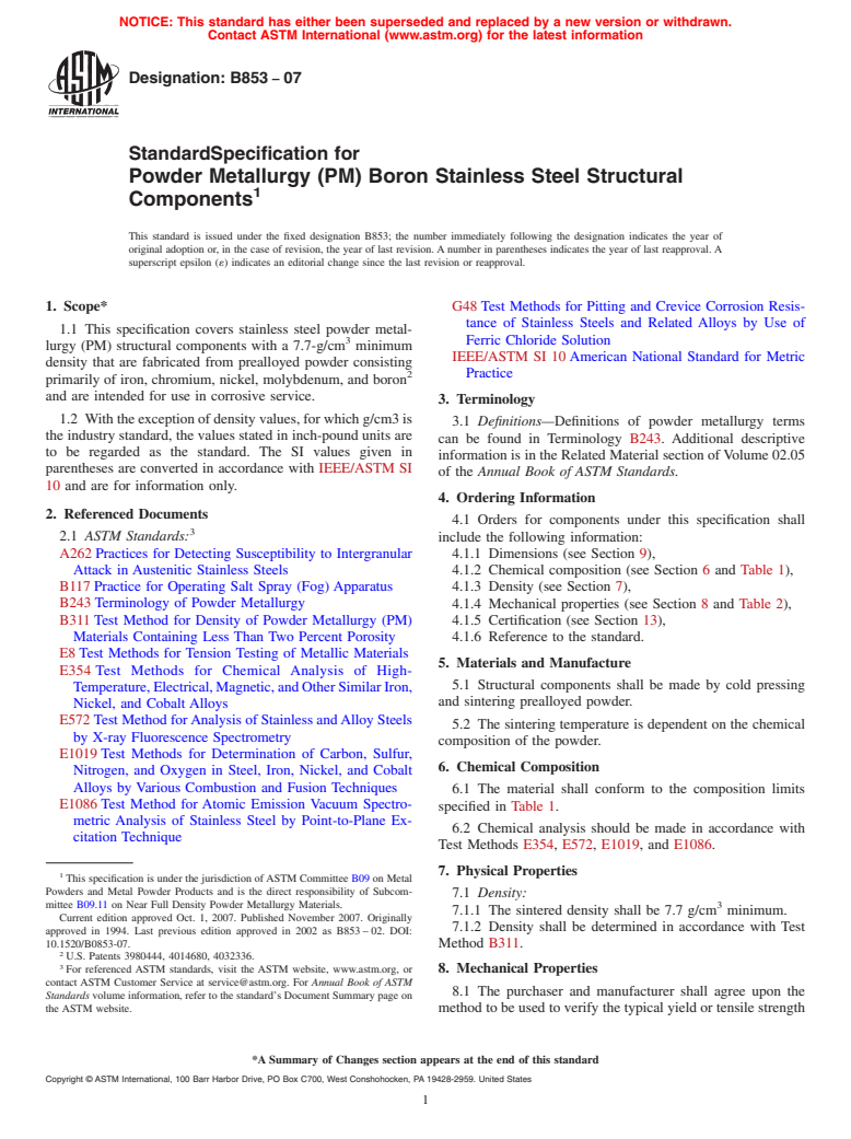 ASTM B853-07 - Standard Specification for Powder Metallurgy (PM) Boron Stainless Steel Structural Components