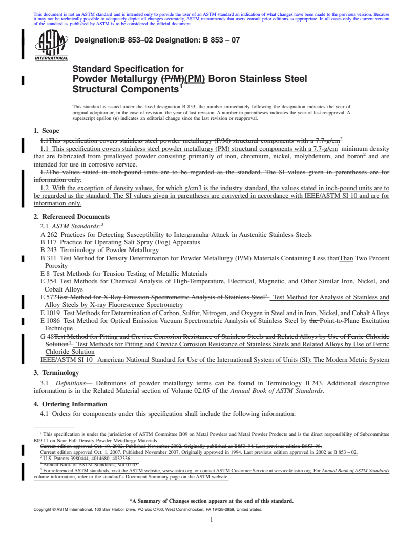 REDLINE ASTM B853-07 - Standard Specification for Powder Metallurgy (PM) Boron Stainless Steel Structural Components