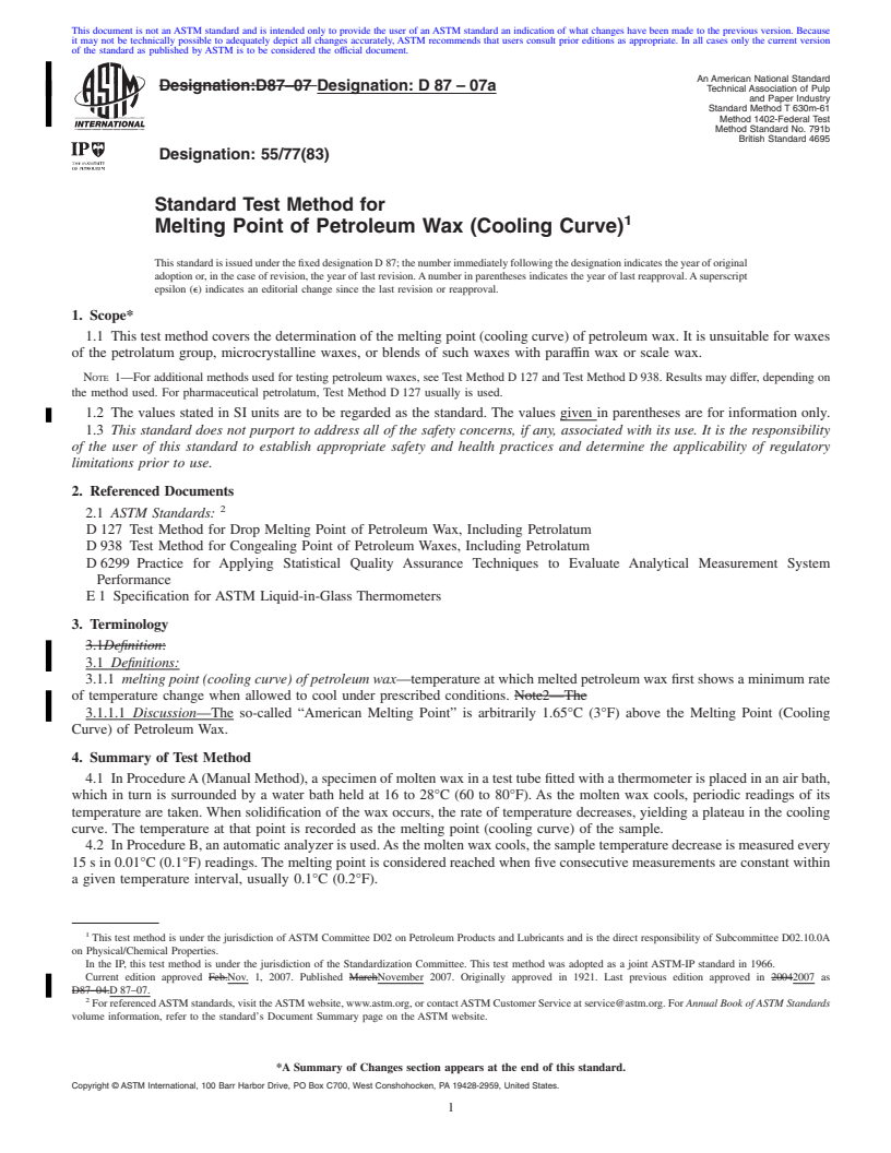 REDLINE ASTM D87-07a - Standard Test Method for Melting Point of Petroleum Wax (Cooling Curve)