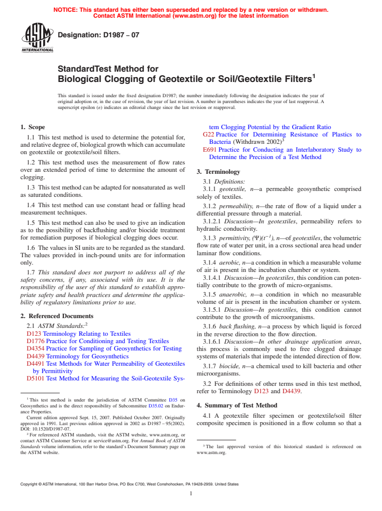 ASTM D1987-07 - Standard Test Method for Biological Clogging of Geotextile or Soil/Geotextile Filters