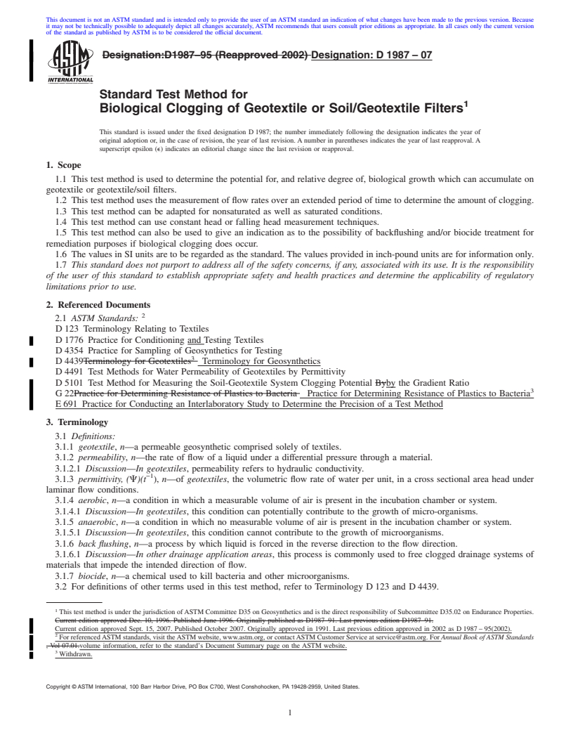 REDLINE ASTM D1987-07 - Standard Test Method for Biological Clogging of Geotextile or Soil/Geotextile Filters