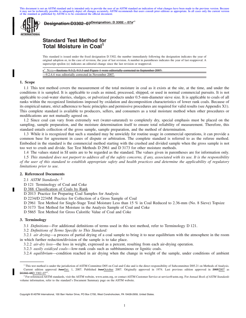 REDLINE ASTM D3302-07ae1 - Standard Test Method for Total Moisture in Coal