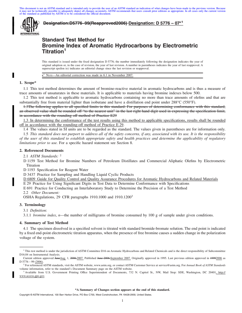 REDLINE ASTM D5776-07e1 - Standard Test Method for Bromine Index of Aromatic Hydrocarbons by Electrometric Titration