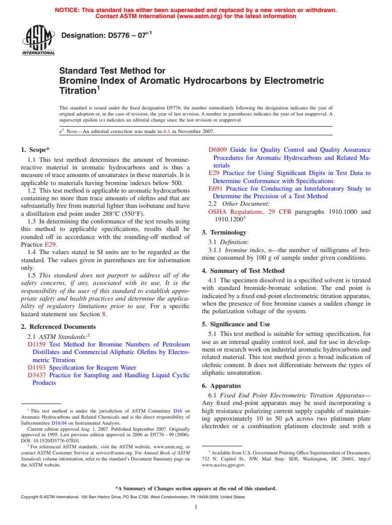 ASTM D5776-07e1 - Standard Test Method for Bromine Index of Aromatic Hydrocarbons by Electrometric Titration