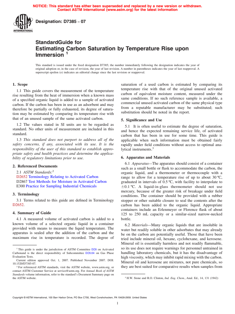 ASTM D7385-07 - Standard Guide for Estimating Carbon Saturation by Temperature Rise upon Immersion