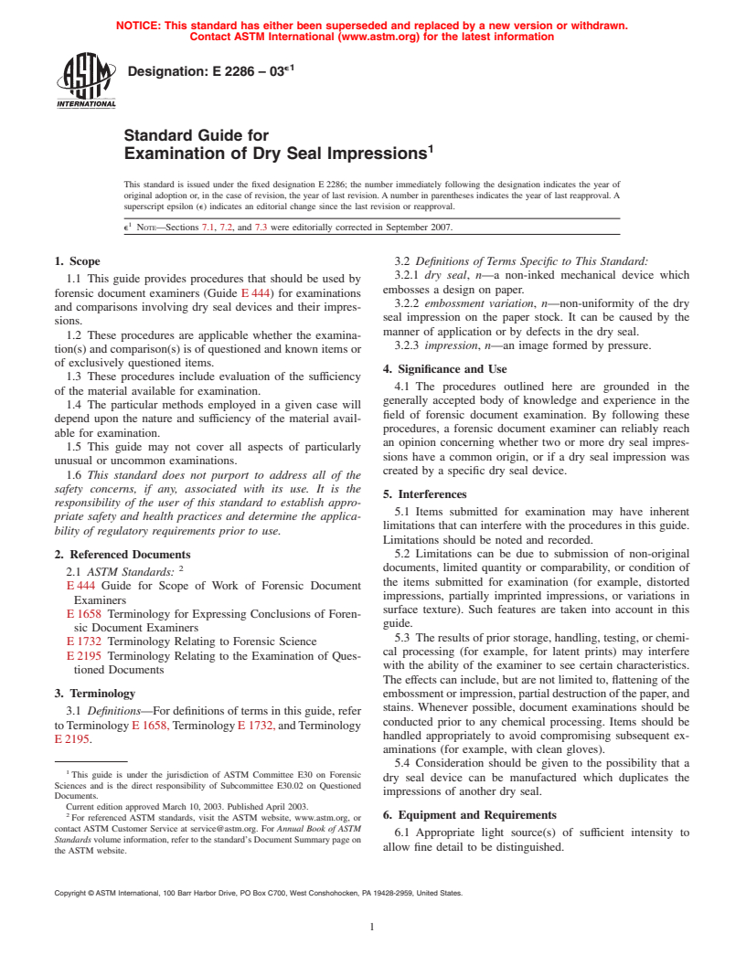 ASTM E2286-03e1 - Standard Guide for Examination of Dry Seal Impressions