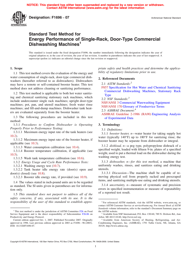 ASTM F1696-07 - Standard Test Method for Energy Performance of Single-Rack, Door-Type Commercial Dishwashing Machines