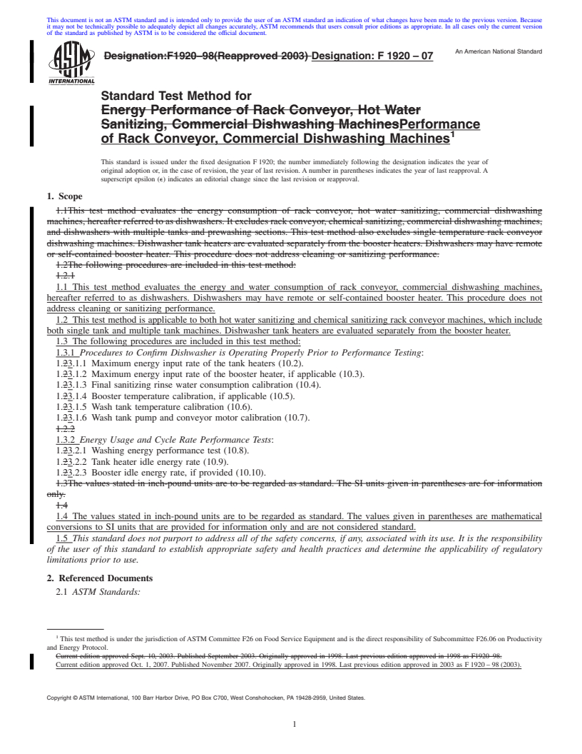 REDLINE ASTM F1920-07 - Standard Test Method for Performance of Rack Conveyor, Commercial Dishwashing Machines