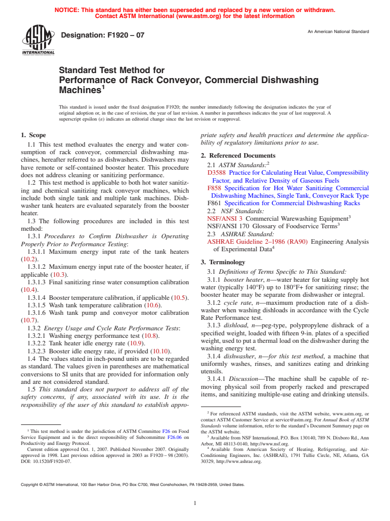 ASTM F1920-07 - Standard Test Method for Performance of Rack Conveyor, Commercial Dishwashing Machines