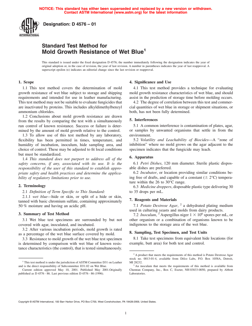 ASTM D4576-01 - Standard Test Method for Mold Growth Resistance of Wet Blue