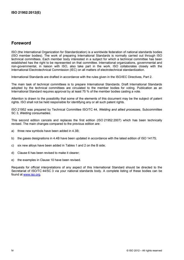 ISO 21952:2012 ISO 21952:2012 - Welding consumables -- Wire electrodes, wires, rods and deposits for gas shielded arc welding of creep-resisting steels -- Classification - Page 4 preview