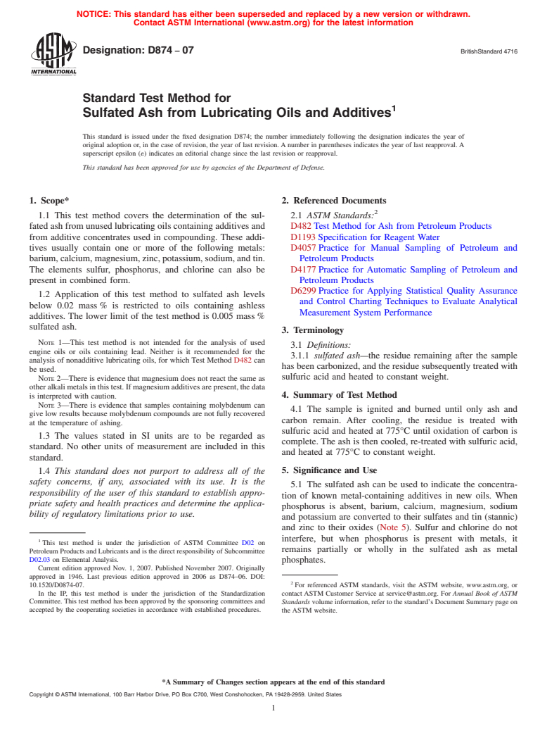 ASTM D874-07 - Standard Test Method for Sulfated Ash from Lubricating Oils and Additives