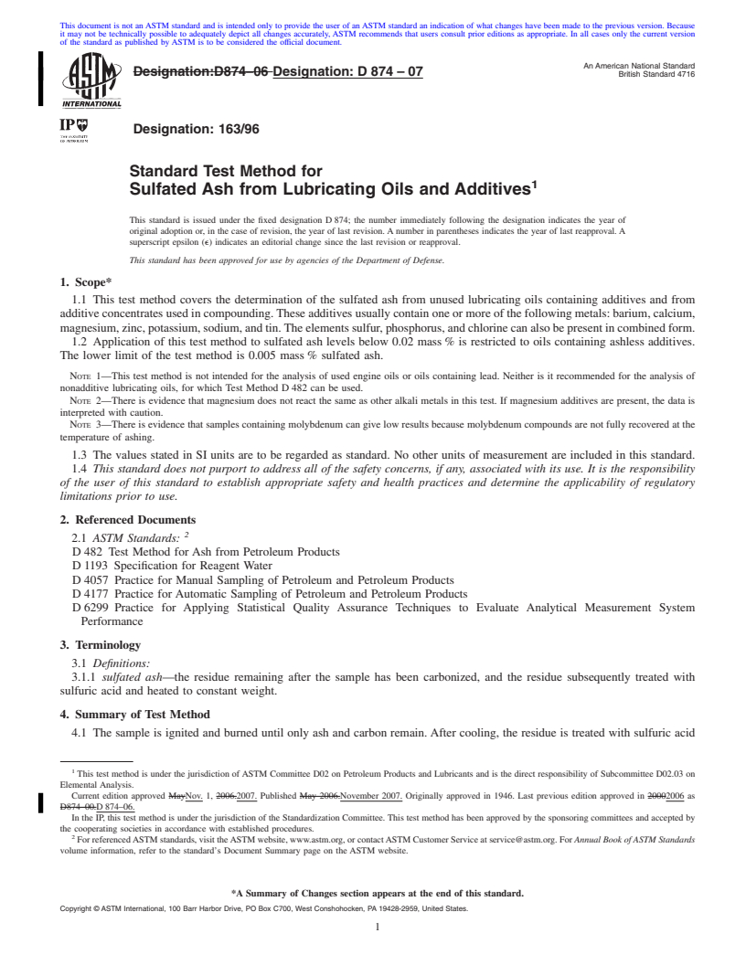 REDLINE ASTM D874-07 - Standard Test Method for Sulfated Ash from Lubricating Oils and Additives