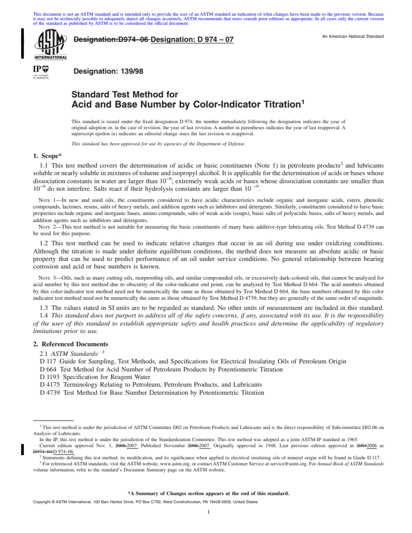 REDLINE ASTM D974-07 - Standard Test Method for Acid and Base Number by Color-Indicator Titration