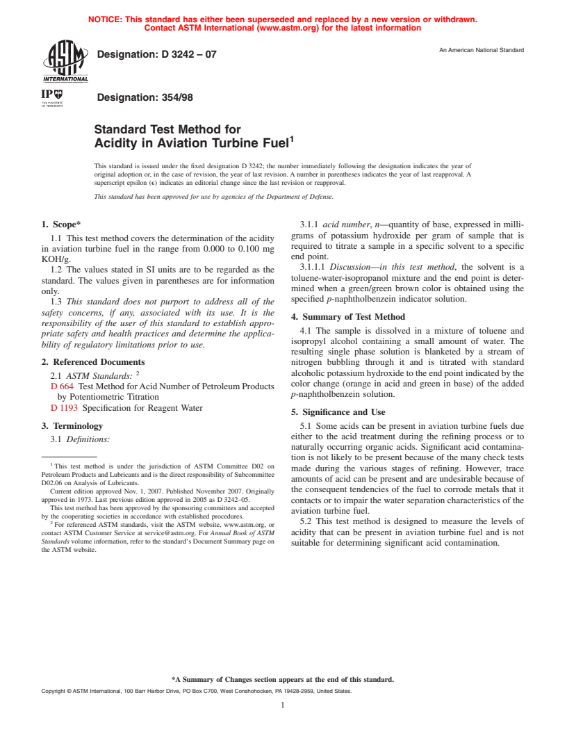 ASTM D3242-07 - Standard Test Method for Acidity in Aviation Turbine Fuel