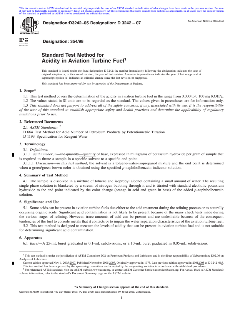 REDLINE ASTM D3242-07 - Standard Test Method for Acidity in Aviation Turbine Fuel