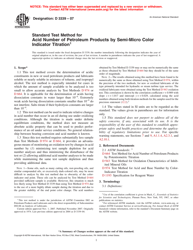 ASTM D3339-07 - Standard Test Method for Acid Number of Petroleum Products by Semi-Micro Color Indicator Titration