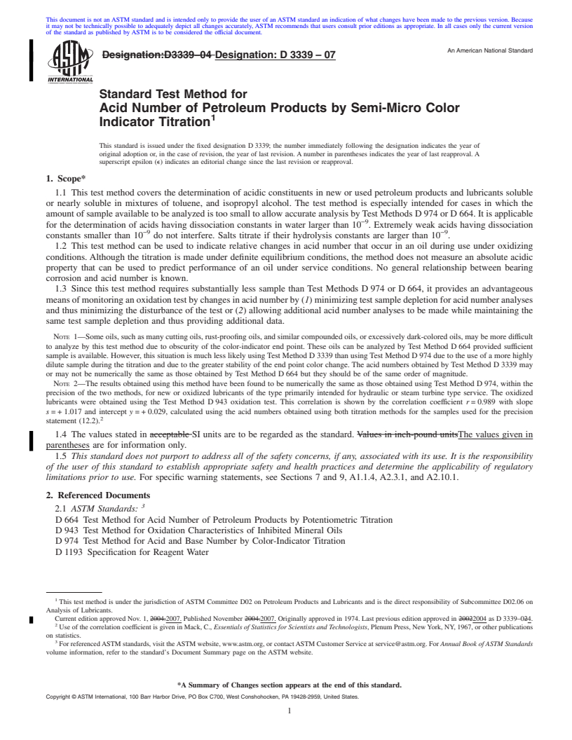 REDLINE ASTM D3339-07 - Standard Test Method for Acid Number of Petroleum Products by Semi-Micro Color Indicator Titration