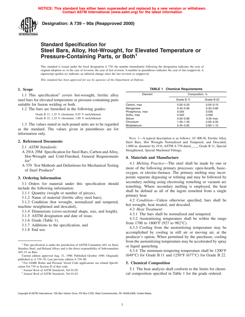 ASTM A739-90a(2000) - Standard Specification for Steel Bars, Alloy, Hot-Wrought, for Elevated Temperature or Pressure-Containing Parts, or Both