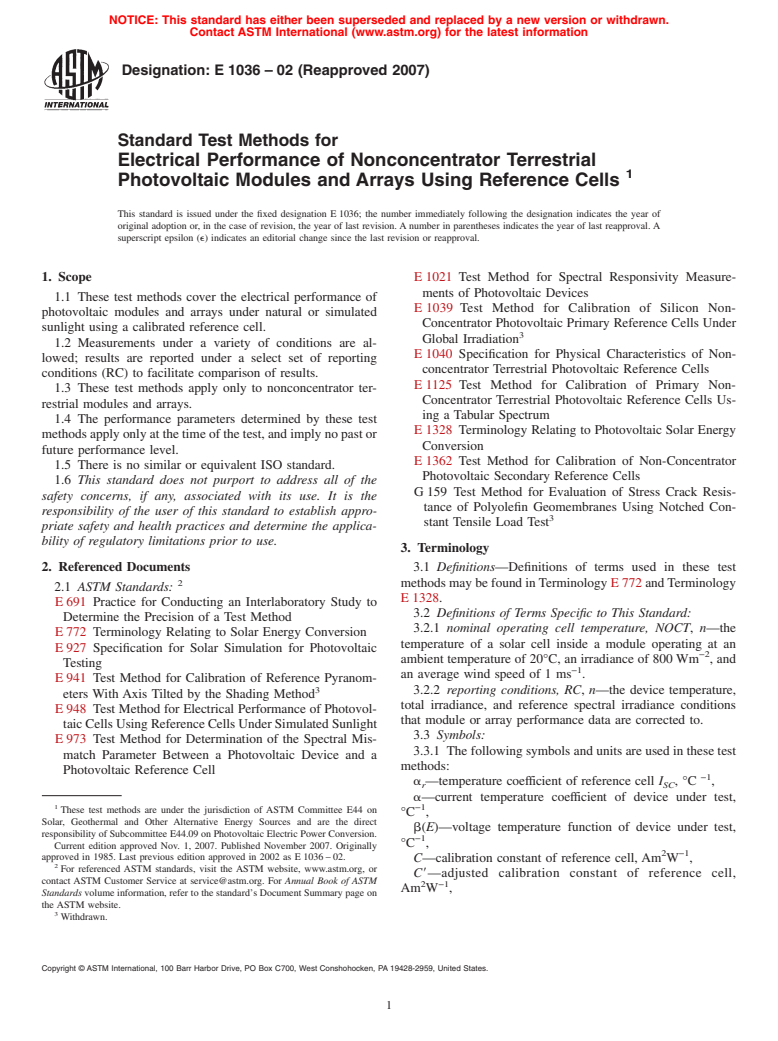 ASTM E1036-02(2007) - Standard Test Methods for Electrical Performance of Nonconcentrator Terrestrial Photovoltaic Modules and Arrays Using Reference Cells