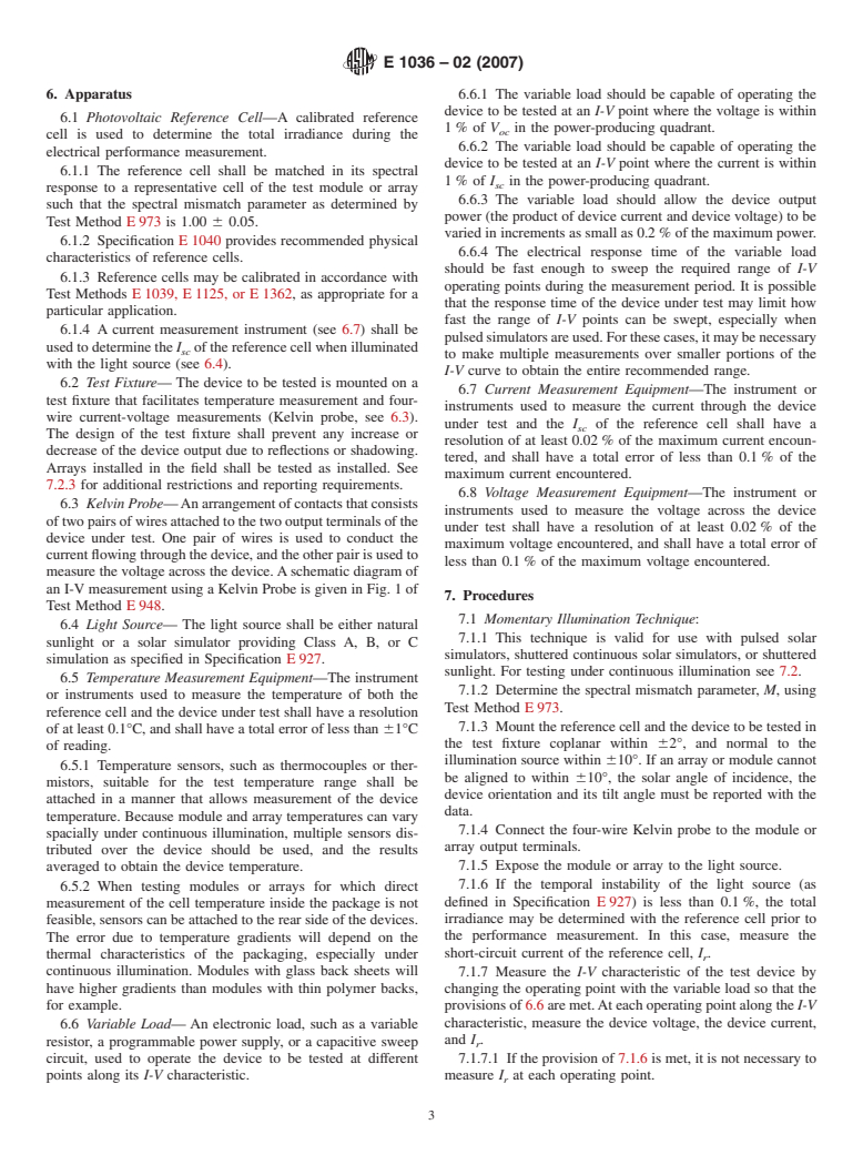 ASTM E1036-02(2007) - Standard Test Methods for Electrical Performance of Nonconcentrator Terrestrial Photovoltaic Modules and Arrays Using Reference Cells