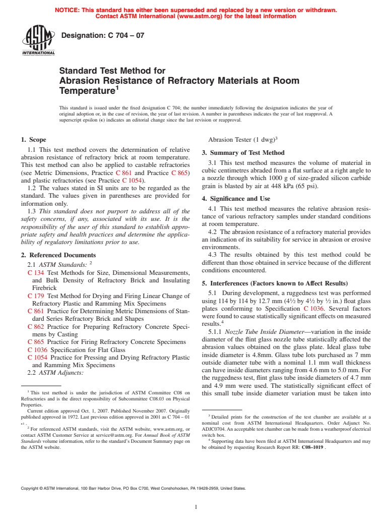 ASTM C704-07 - Standard Test Method for Abrasion Resistance of Refractory Materials at Room Temperature