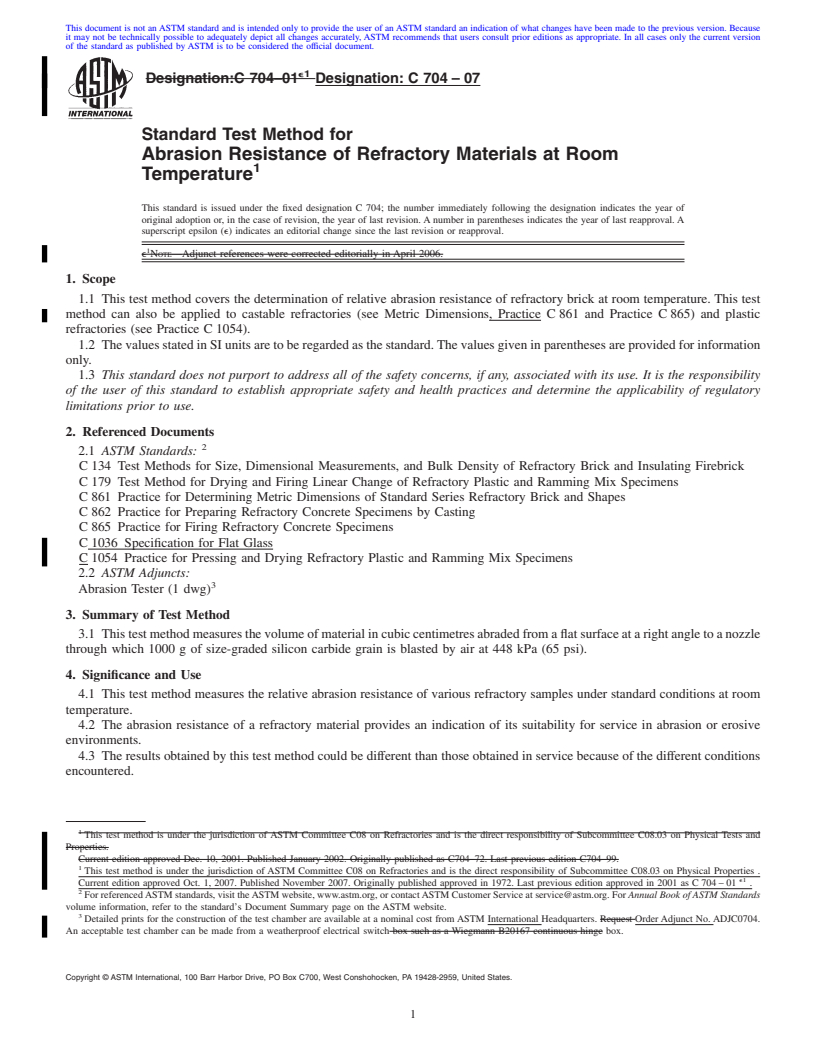 REDLINE ASTM C704-07 - Standard Test Method for Abrasion Resistance of Refractory Materials at Room Temperature