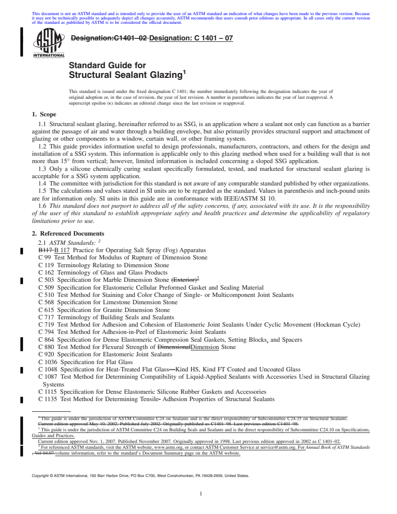 REDLINE ASTM C1401-07 - Standard Guide for Structural Sealant Glazing