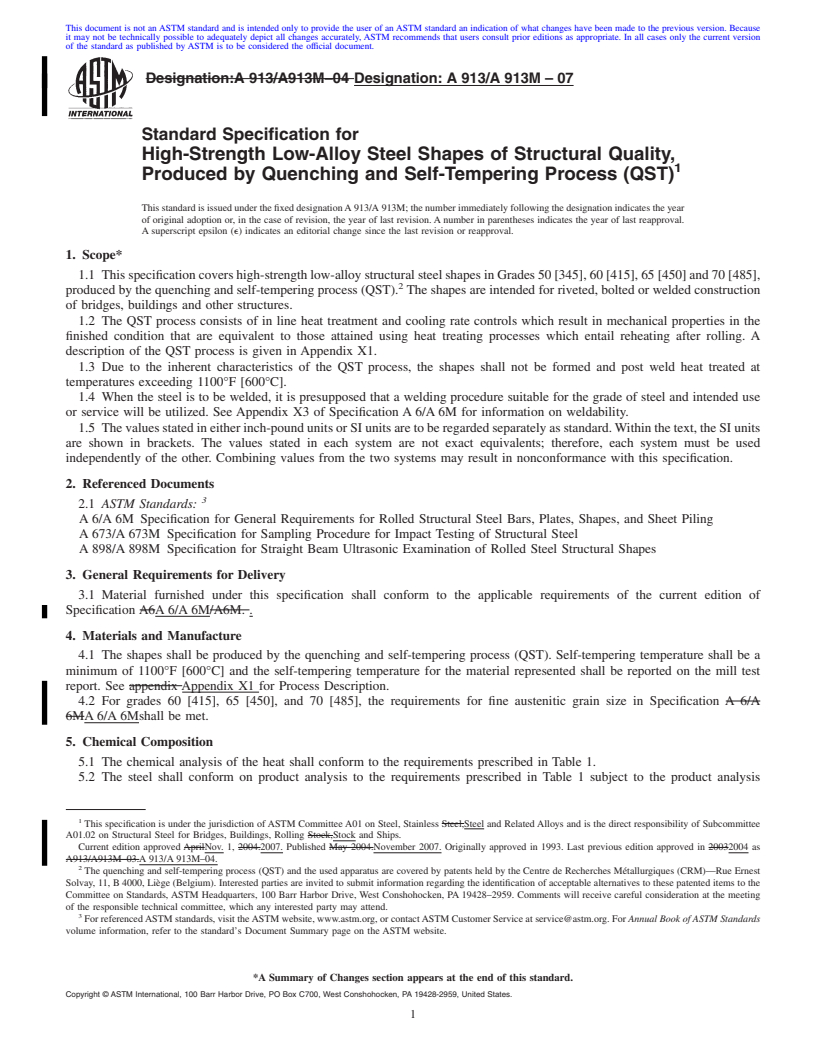 REDLINE ASTM A913/A913M-07 - Standard Specification for High-Strength Low-Alloy Steel Shapes of Structural Quality, Produced by Quenching and Self-Tempering Process (QST)