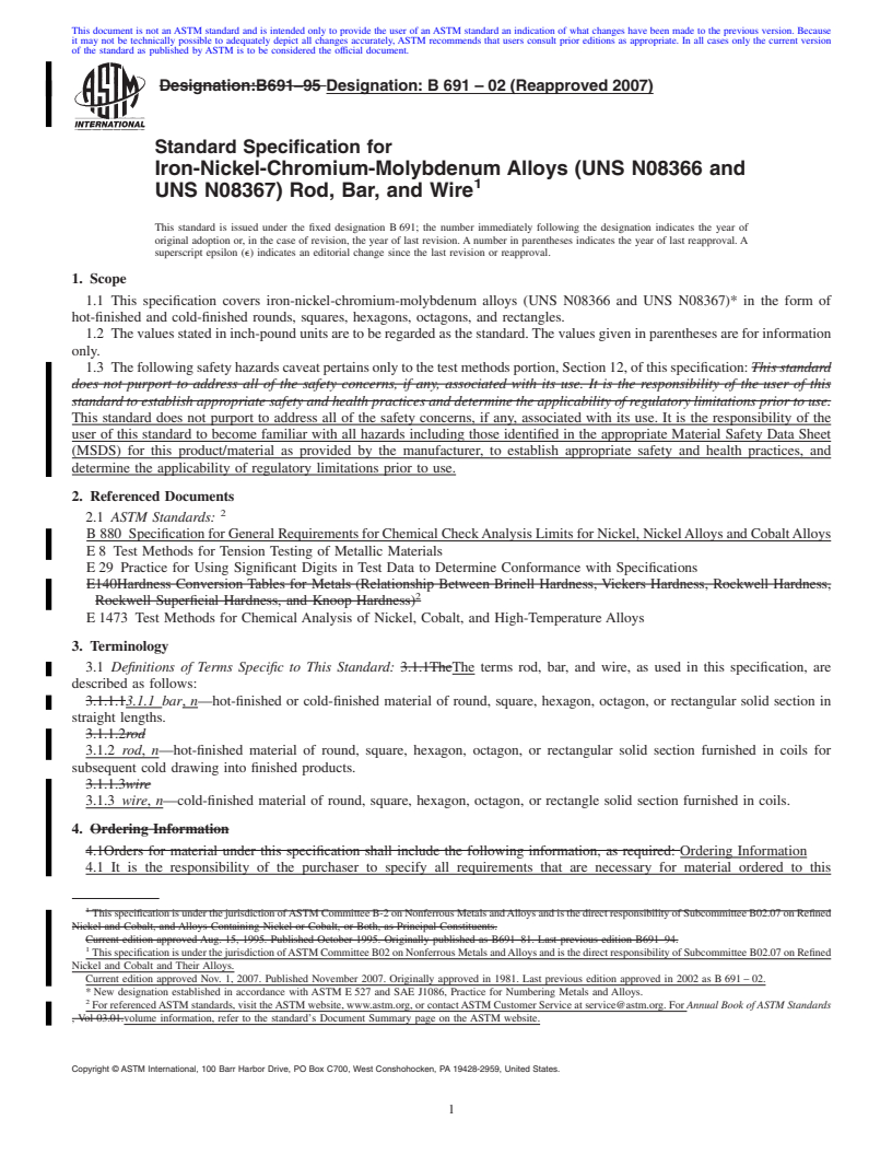 REDLINE ASTM B691-02(2007) - Standard Specification for Iron-Nickel-Chromium-Molybdenum Alloys (UNS N08366 and UNS N08367) Rod, Bar, and Wire