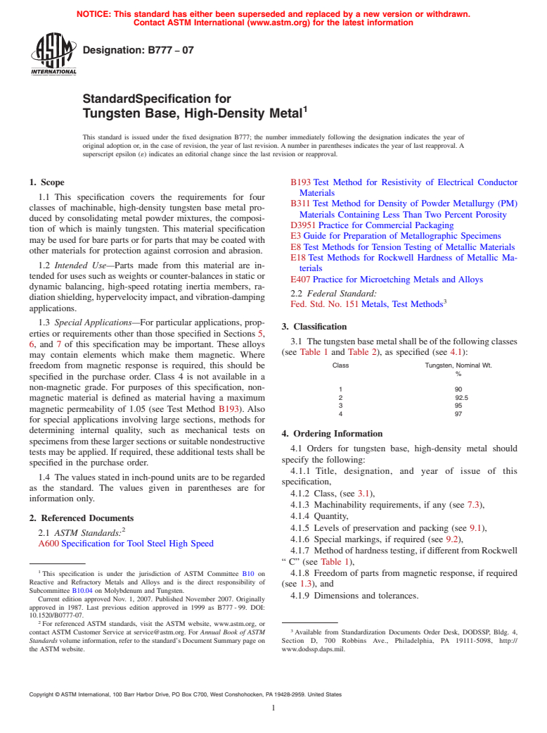 ASTM B777-07 - Standard Specification for Tungsten Base, High-Density Metal