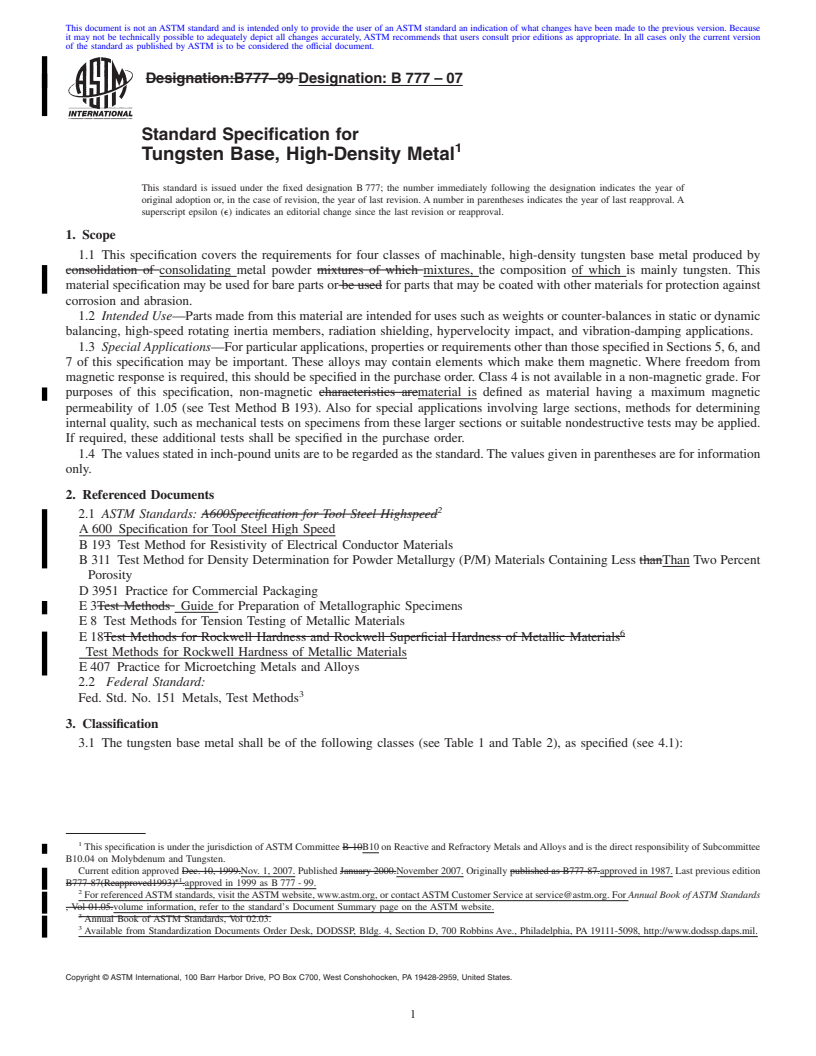 REDLINE ASTM B777-07 - Standard Specification for Tungsten Base, High-Density Metal