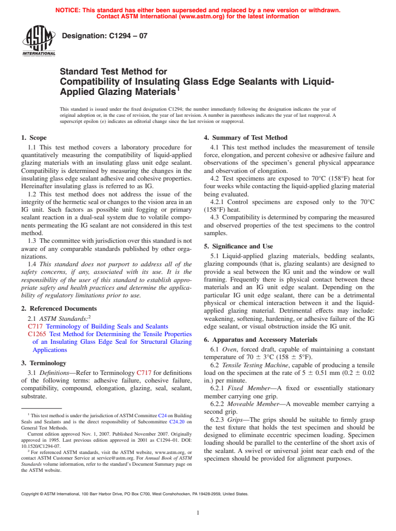 ASTM C1294-07 - Standard Test Method for Compatibility of Insulating Glass Edge Sealants with Liquid-Applied Glazing Materials