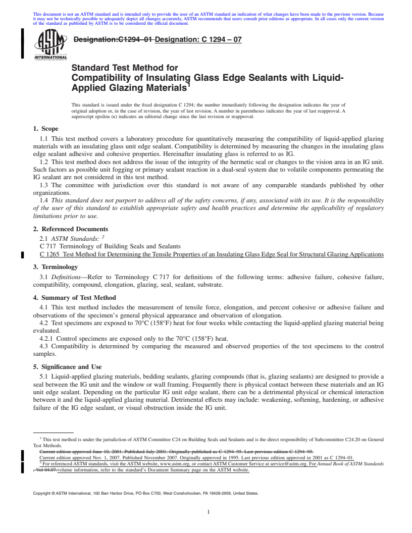 REDLINE ASTM C1294-07 - Standard Test Method for Compatibility of Insulating Glass Edge Sealants with Liquid-Applied Glazing Materials