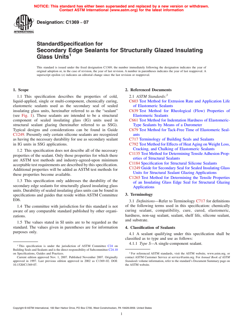 ASTM C1369-07 - Standard Specification for Secondary Edge Sealants for Structurally Glazed Insulating Glass Units