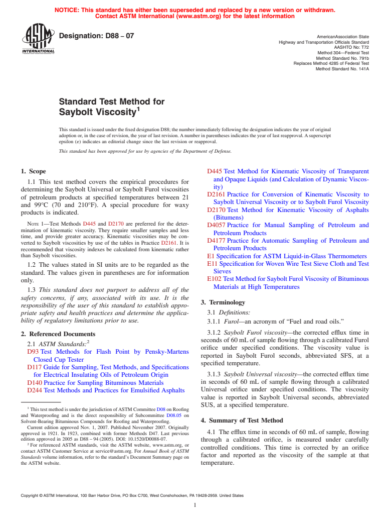 ASTM D88-07 - Standard Test Method for Saybolt Viscosity