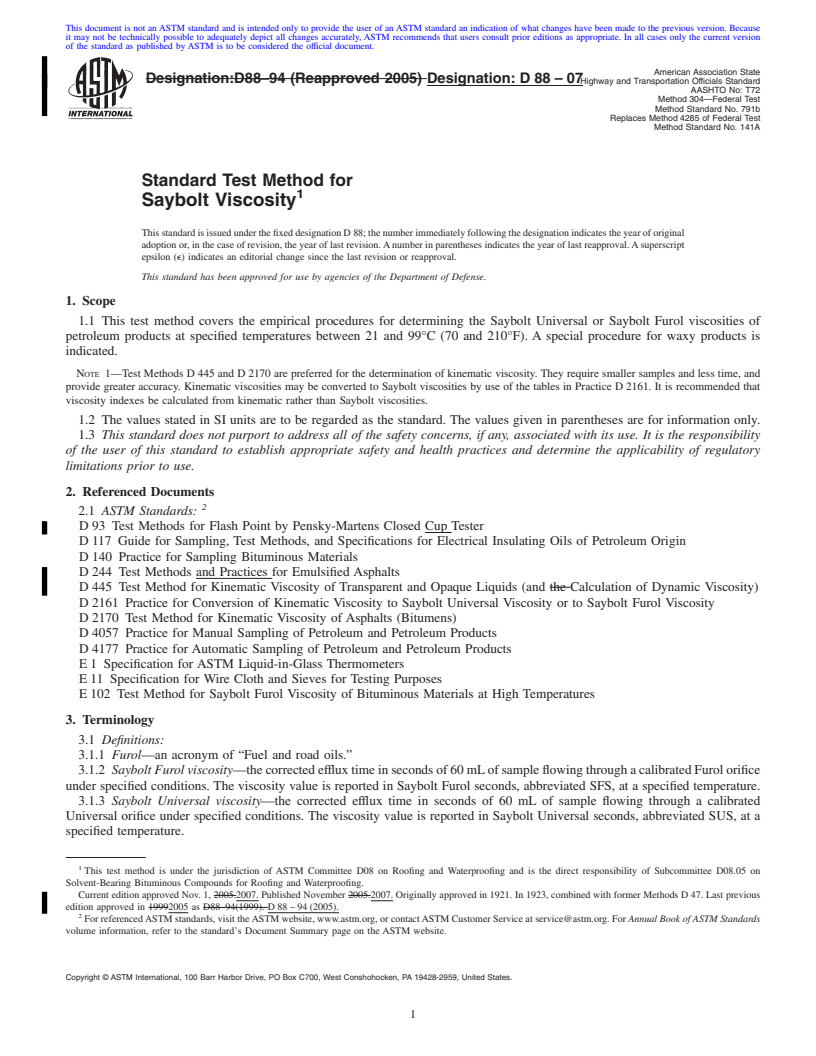 REDLINE ASTM D88-07 - Standard Test Method for Saybolt Viscosity