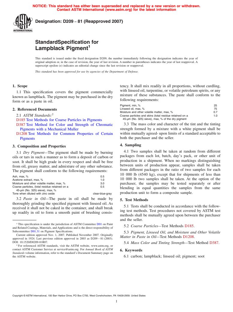 ASTM D209-81(2007) - Standard Specification for Lampblack Pigment